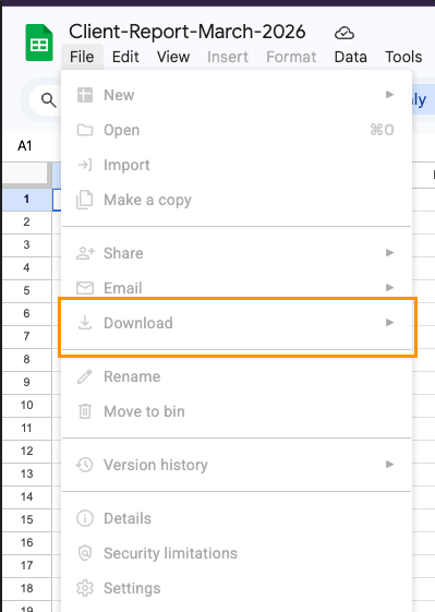 Google Sheets File menu with Download greyed out and Make a copy unavailable when export is restricted for the current user
