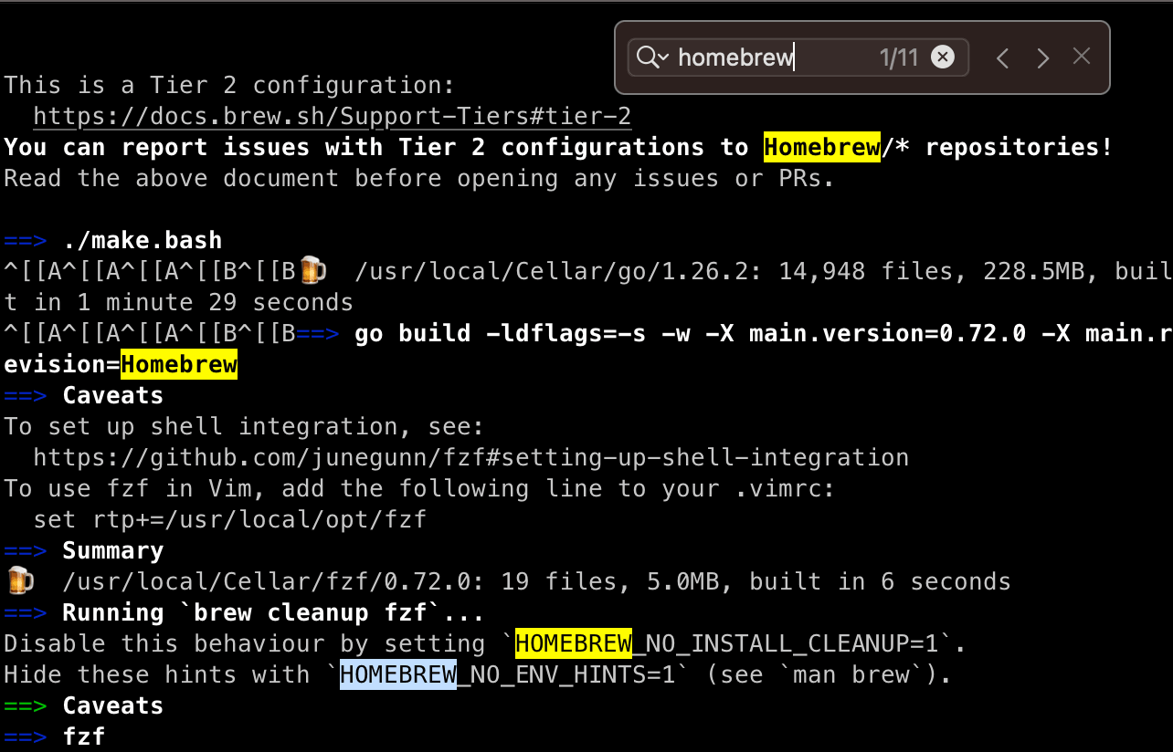 Searching terminal output in iTerm2 with matching text highlighted