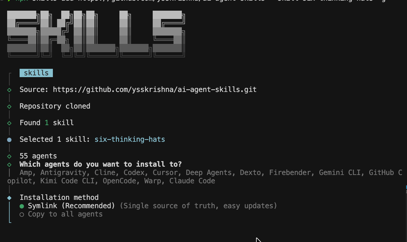 Skills CLI prompt: installation method, Symlink recommended vs copy to all agents