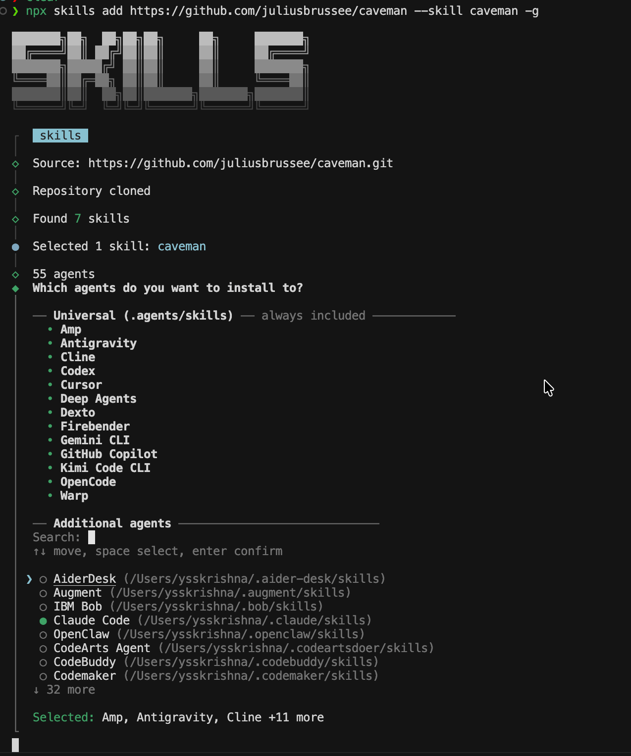 Skills CLI prompt: choose agents (shared ~/.agents/skills vs optional per-tool paths)