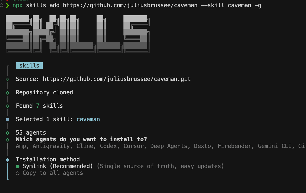 Skills CLI prompt: installation method (Symlink recommended vs copy to all agents)