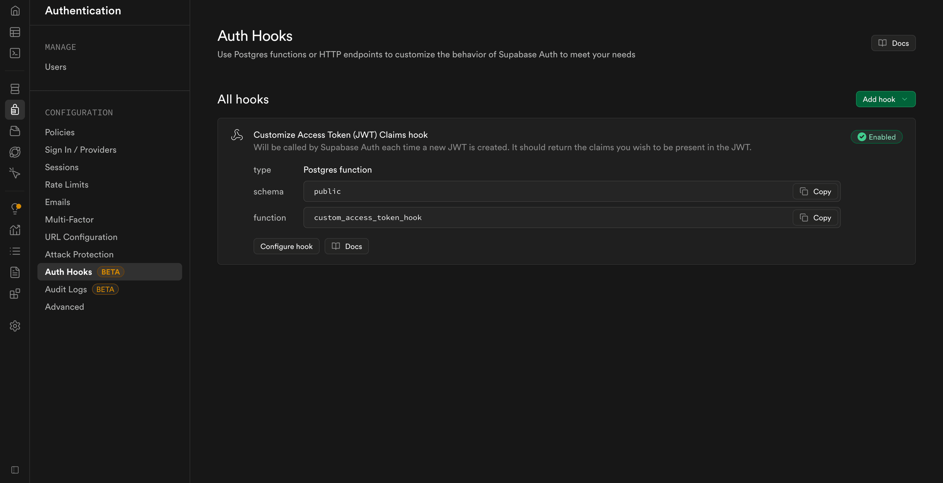 Auth Hooks - Verify Customize Access Token (JWT) Claims Hook