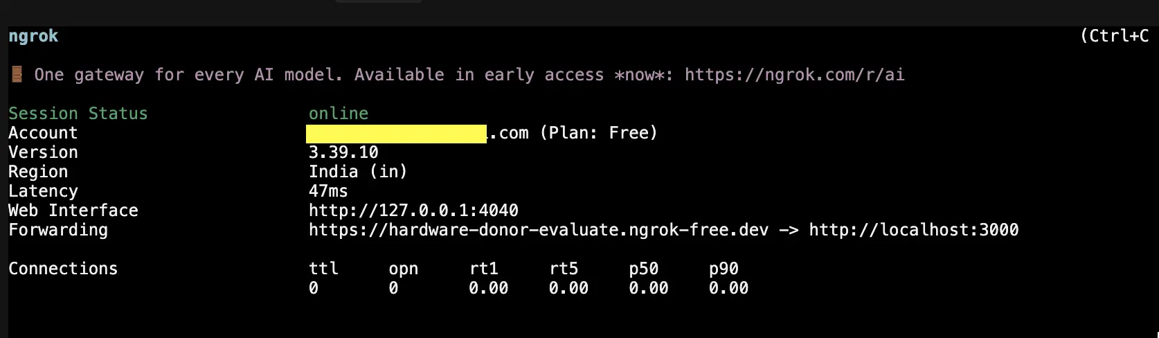 A mobile browser loading a local site through an ngrok tunnel URL