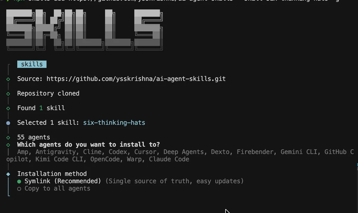 Skills CLI prompt: installation method, Symlink recommended vs copy to all agents