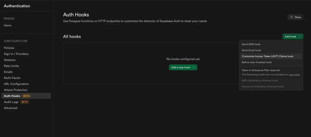 Auth Hooks - Add Customize Access Token (JWT) Claims Hook