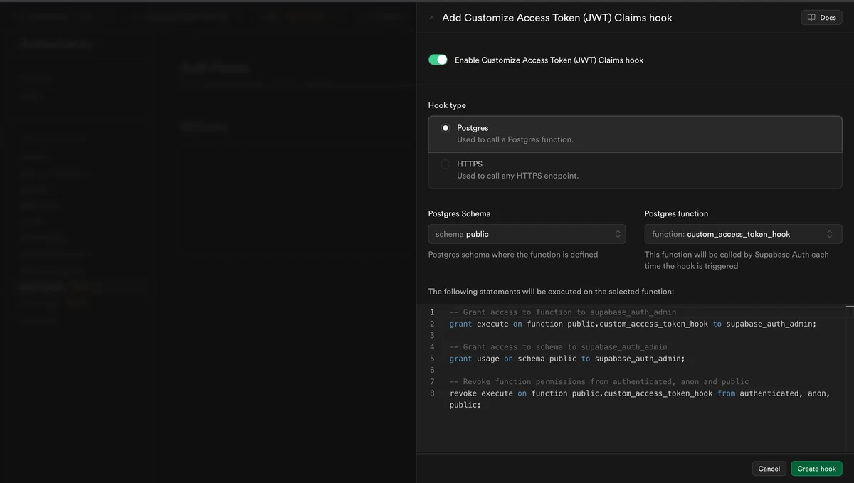 Auth Hooks - Enable Customize Access Token Hook