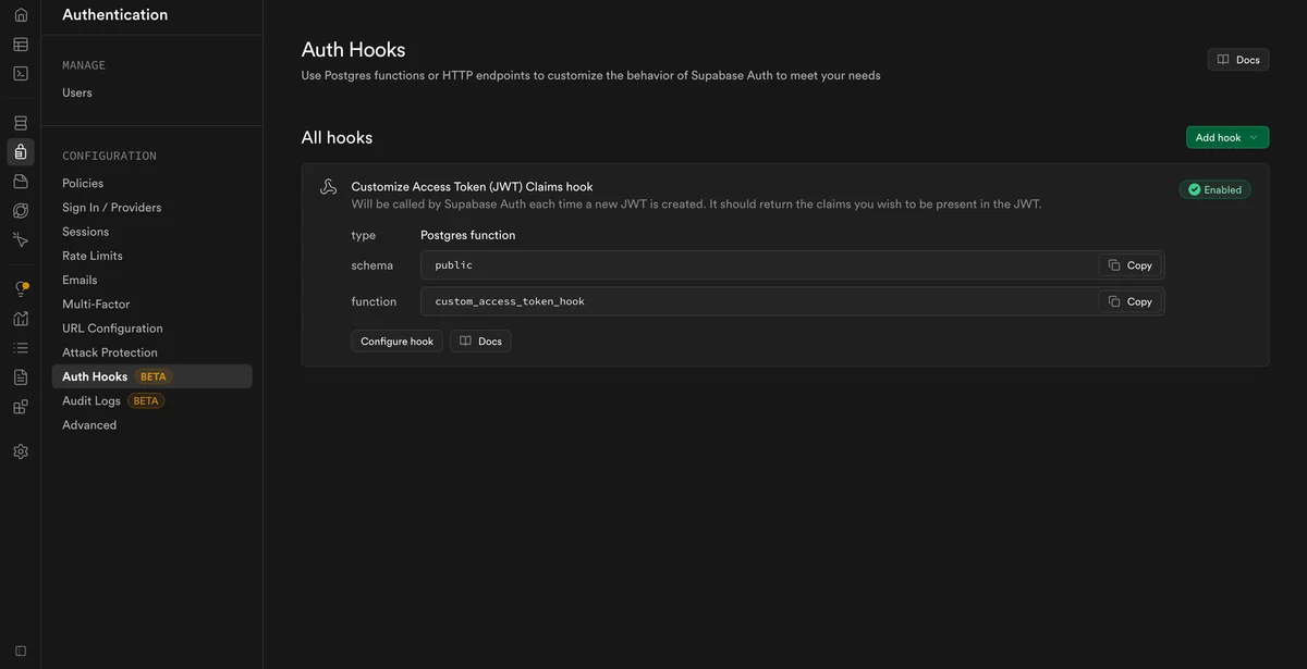 Auth Hooks - Verify Customize Access Token (JWT) Claims Hook