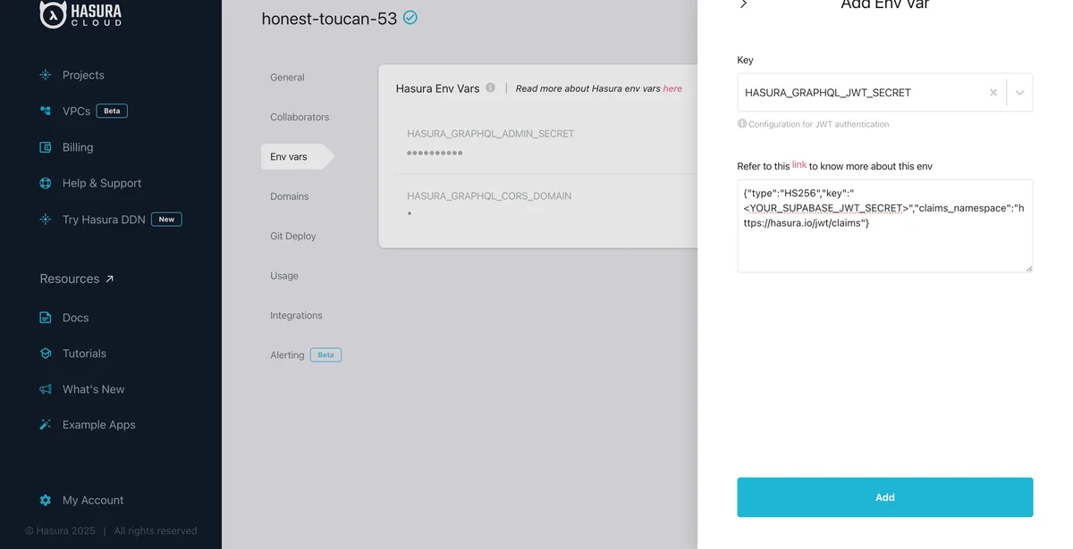 Hasura Cloud - JWT Secret Environment Variable