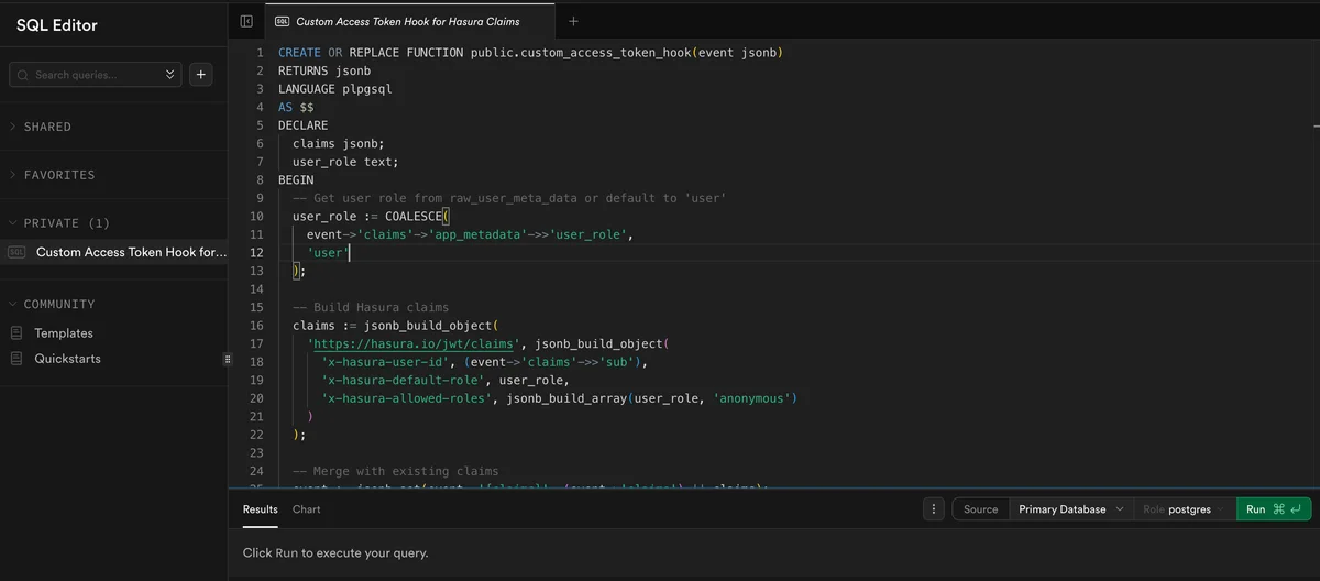 SQL Editor - Customize Access Token (JWT) Claims Hook
