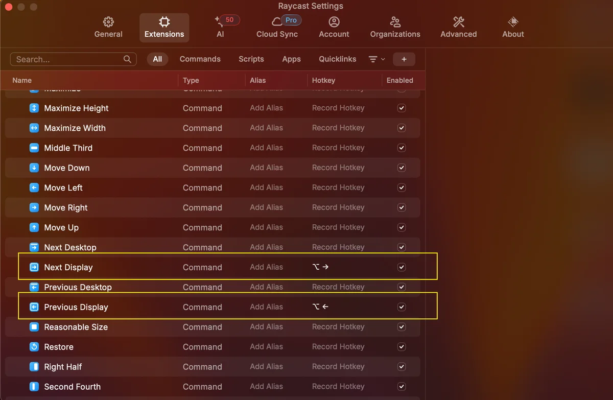 Raycast Settings, Window Management: Next Display and Previous Display
