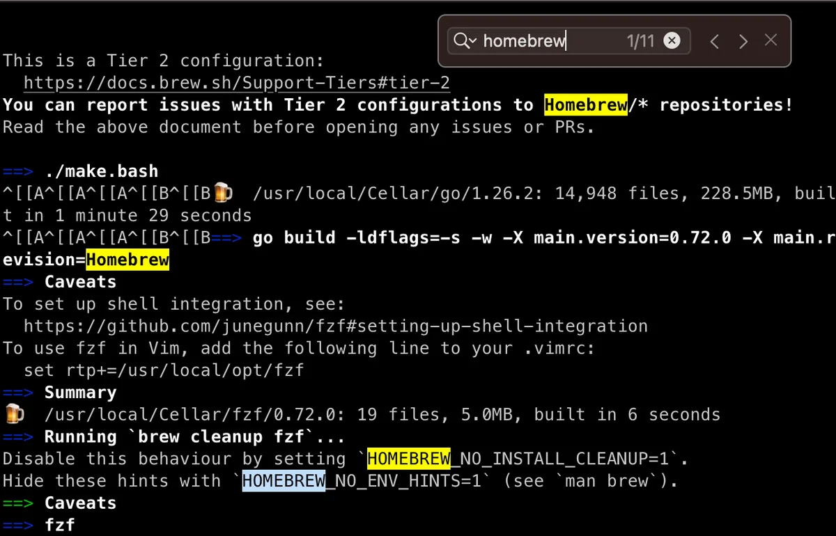 Searching terminal output in iTerm2 with matching text highlighted